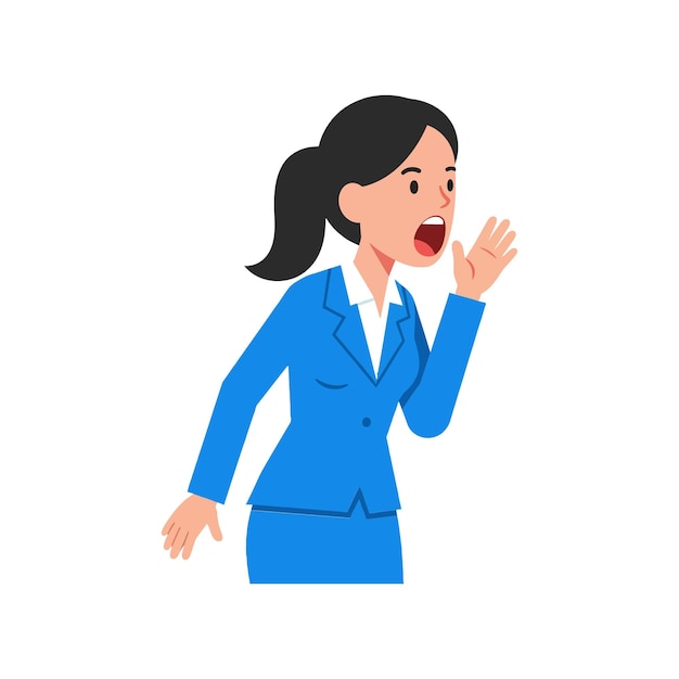 青いスーツを着たビジネスウーマンが活発で魅力的な方法で情熱的に話しているフラットベクトルイラスト