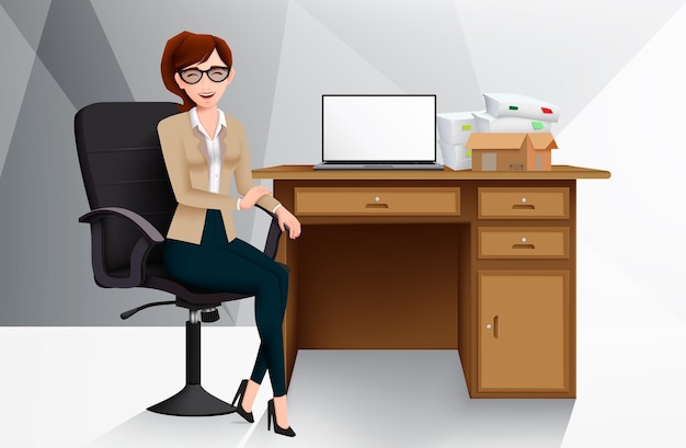 Vector businesswoman boss in office vector design business woman character sitting in workplace chair