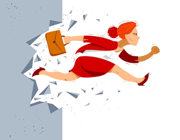 Businesswoman break the wall vector concept of business success and challenge, problems solving brave and strong woman employee worker.