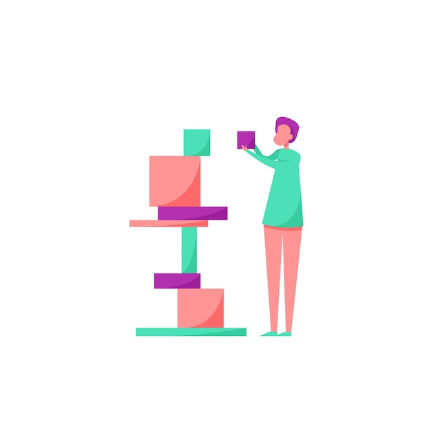 Businesswoman Building Tower of Blocks Woman Piling Cubes One By One Lady Making Success Structure From Bricks