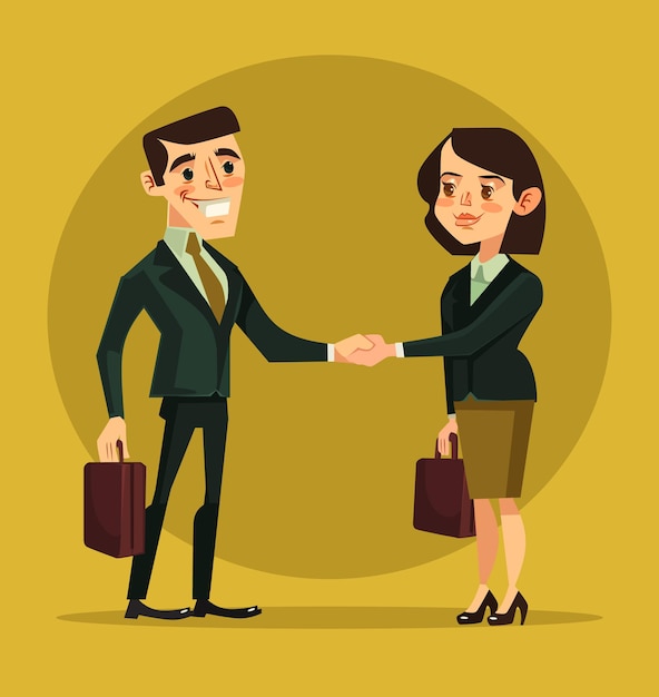 Businesswoman and businessman characters shaking hands.  flat cartoon illustration