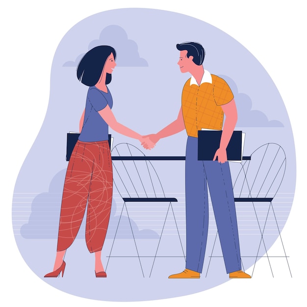 Businesswoman and businessman shaking hands. concept business illustration.