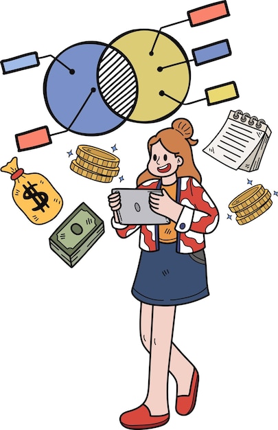 Businesswoman calculating cash flow with tablet illustration in doodle style