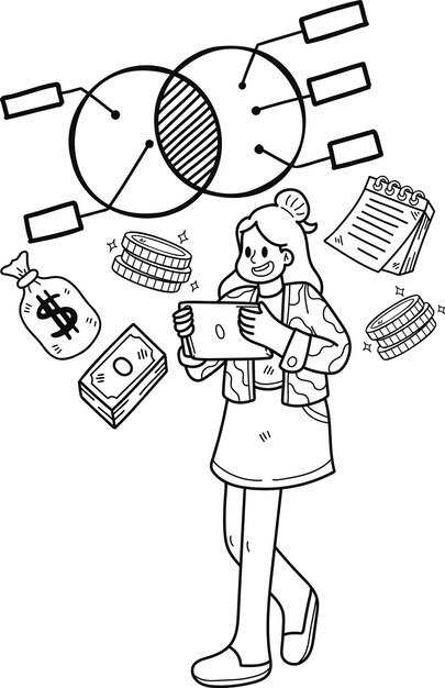 Businesswoman calculating cash flow with tablet illustration in doodle style