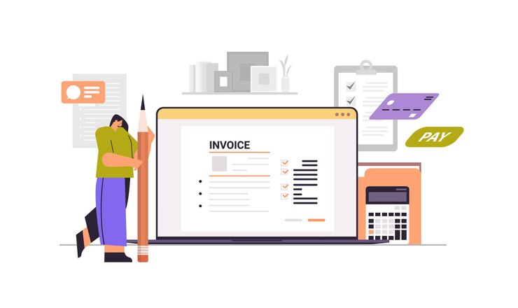 Vector businesswoman calculating invoice on laptop screen accounting bookkeeper clerk woman advisor auditor concept horizontal full length vector illustration