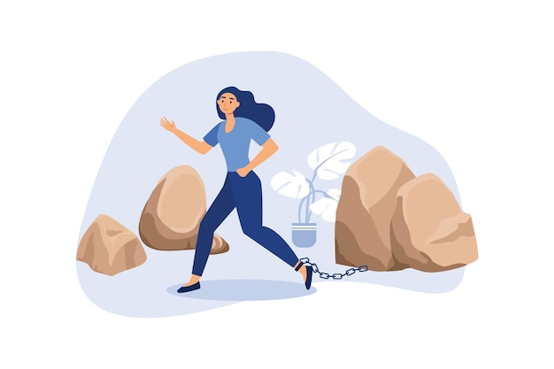 Businesswoman carrying a big rock. young female entrepreneur is pulling big stone with a chain