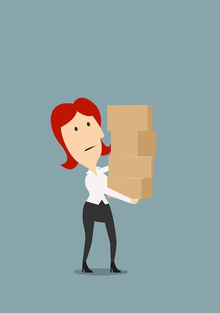 Vector businesswoman carrying stack of boxes