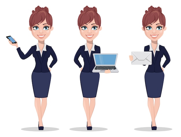 Personaggio dei cartoni animati della donna di affari, set di tre pose