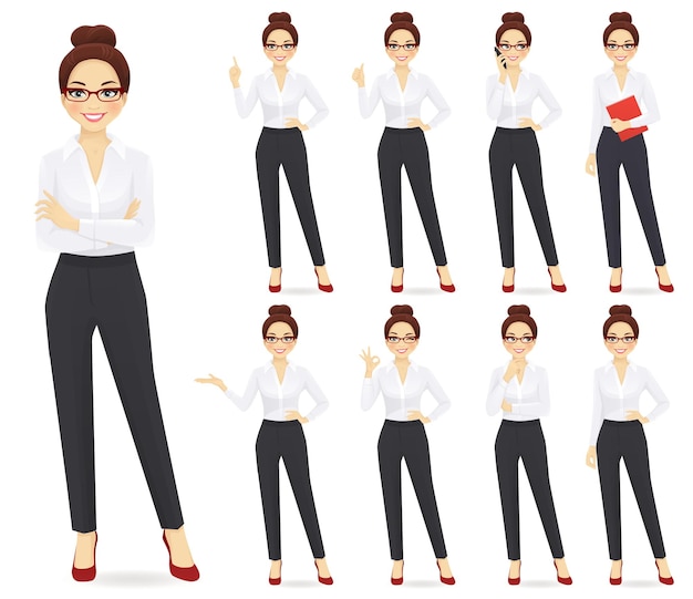 Businesswoman character in different poses set vector illustration