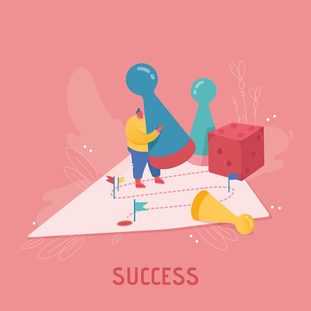 Vector businesswoman character playing dice. business planning, risk and strategy concept. people woman playing board game, success, competition and leadership.