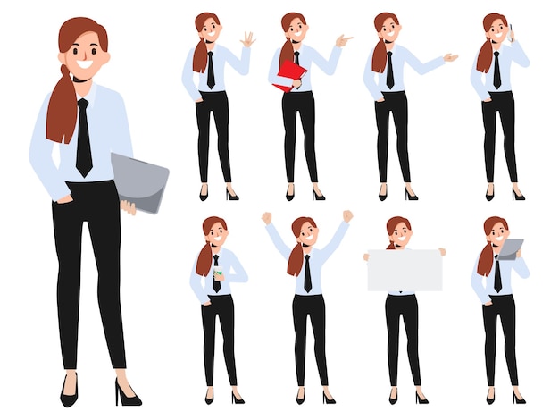 Businesswoman character set with job details Flat vector people design