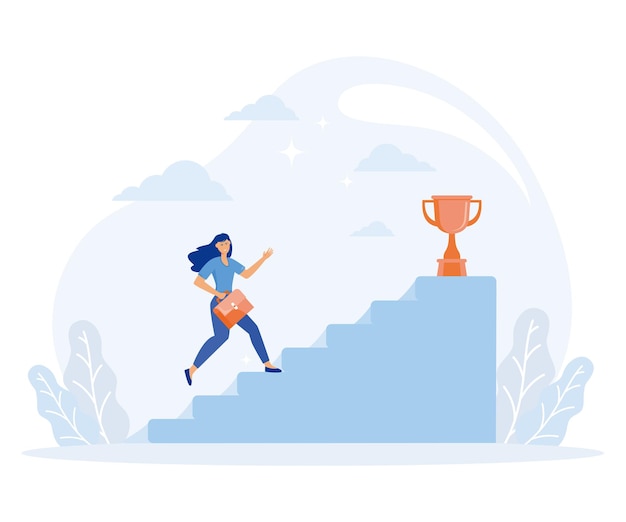 Деловая женщина поднимается по лестнице к золотому трофею. Мотивация к успеху.