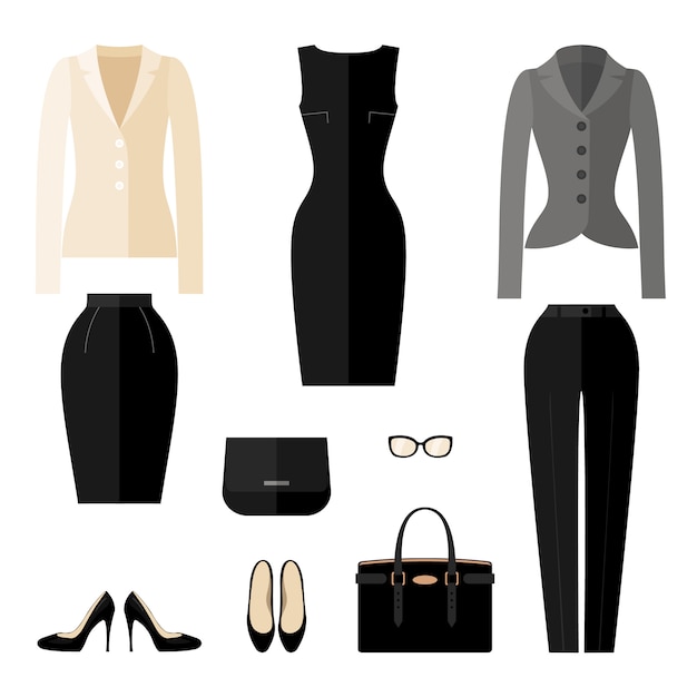 Businesswoman clothes icons in flat style.