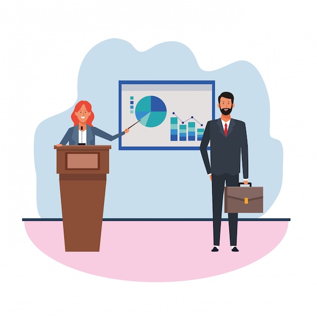 Businesswoman at conference podium showing a graphic chart to businessman