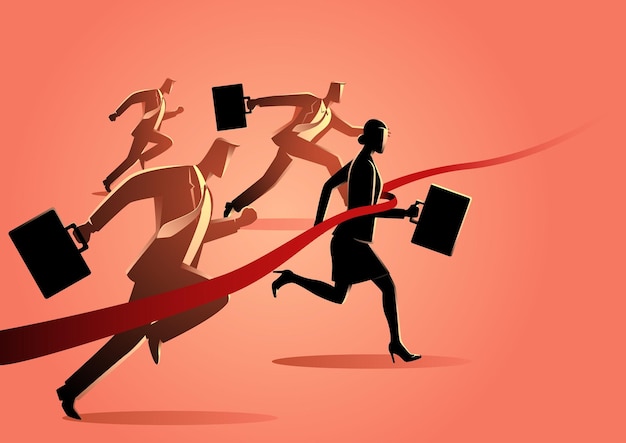 businesswoman crossing finish line during race with businessmen