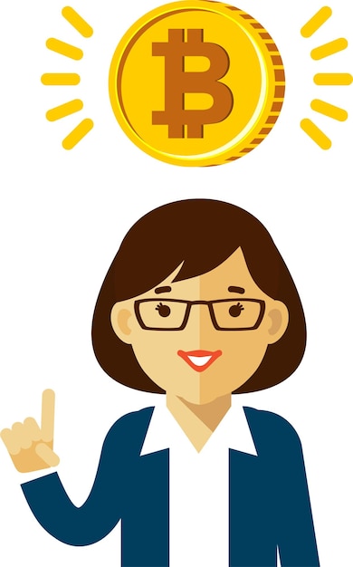Businesswoman and Cryptocurrency Bitcoin Sign Flat Style