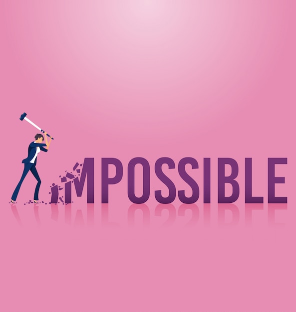 Vector businesswoman destroying the word impossible to possible