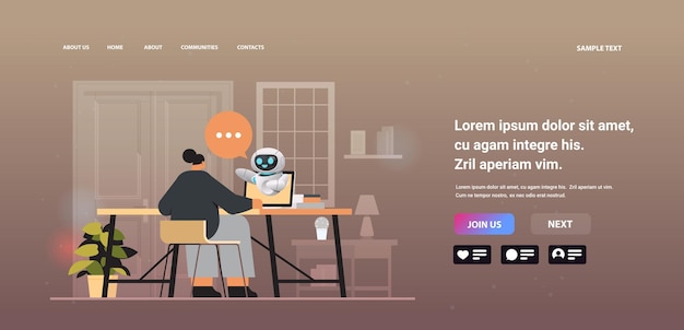 ノートパソコンの画面でチャットボットロボットと話し合う実業家オンライン通信人工知能技術の概念コピースペース水平ベクトル図