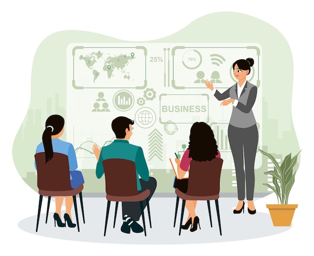 Businesswoman discussing with team or colleagues about work project in meeting room