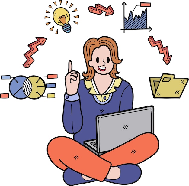 Businesswoman doing multitasking illustration in doodle style