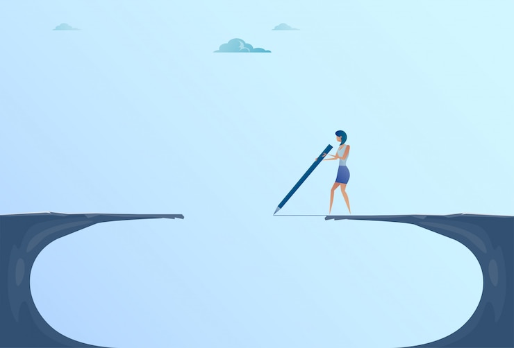 Vector businesswoman drawing bridge walking over cliff gap mountain business woman risk concept