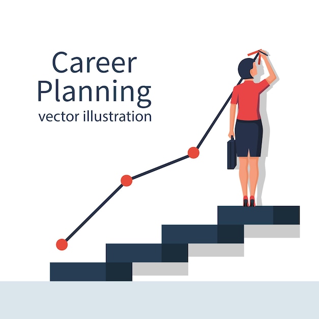 businesswoman draws graph of growth standing at stairs steps concept of career growth