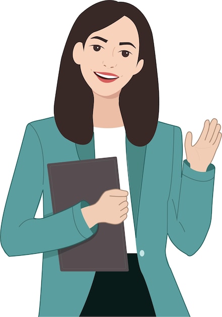 Businesswoman, female worker, beautiful employee staff illustration with laptop smiling.