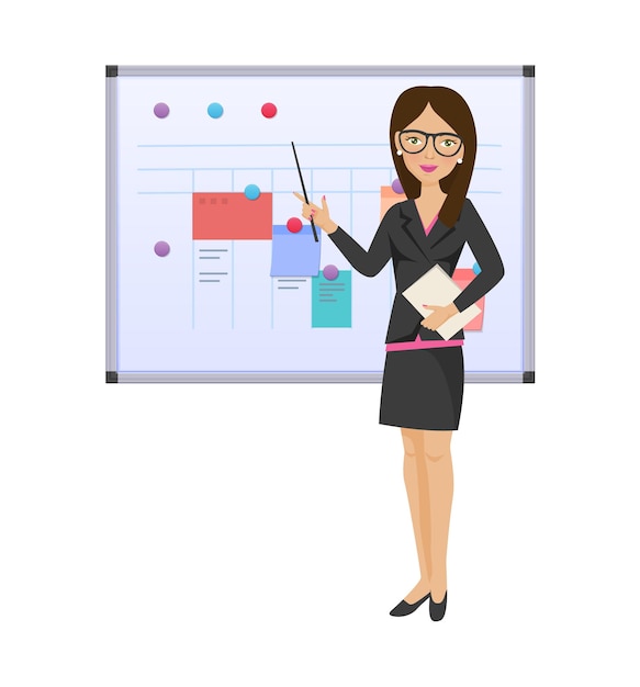 Businesswoman girl with pointer documents in hands near magnetic board