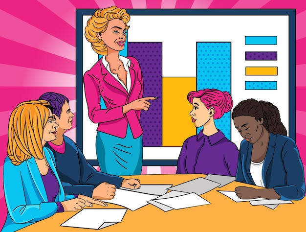 Businesswoman giving a presentation to colleagues at the office pointing to statistical graphs on a screen in a colorful vector illustration