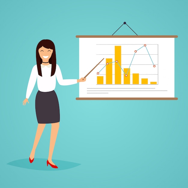 Businesswoman giving a presentation with diagram in banners. Flat design modern illustration concept.