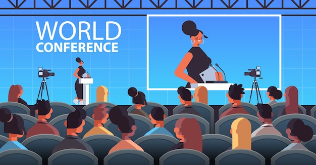 Businesswoman giving speech at tribune with microphone on corporate international world conference lecture hall interior   illustration