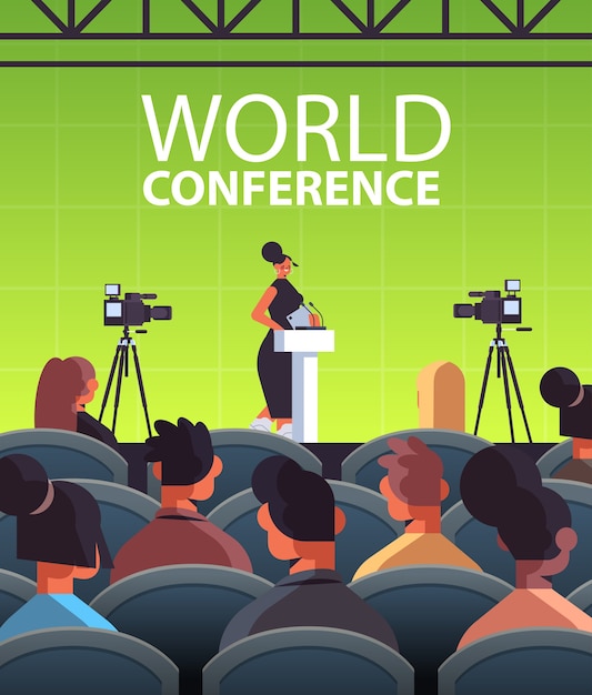 Vector businesswoman giving speech at tribune with microphone on corporate international world conference lecture hall interior vertical  illustration