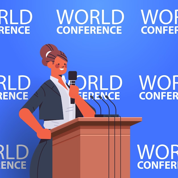 Businesswoman giving speech at tribune with microphone on corporate international world conference vertical   illustration