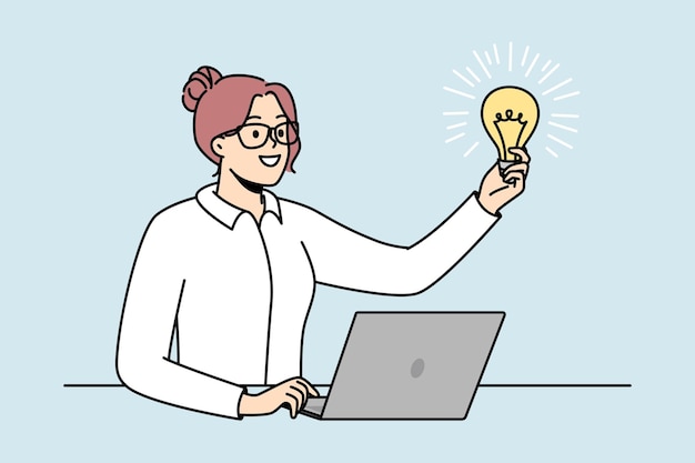 Businesswoman in glasses holds lit light bulb in front of her