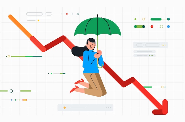 Вектор Бизнесменка скользит на зонтике по графику падения бизнеса и прибыли