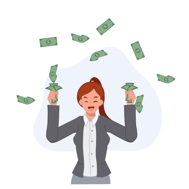 Businesswoman got a lot of money win the prize got bonus earn money concept flat vector cartoon character illustration