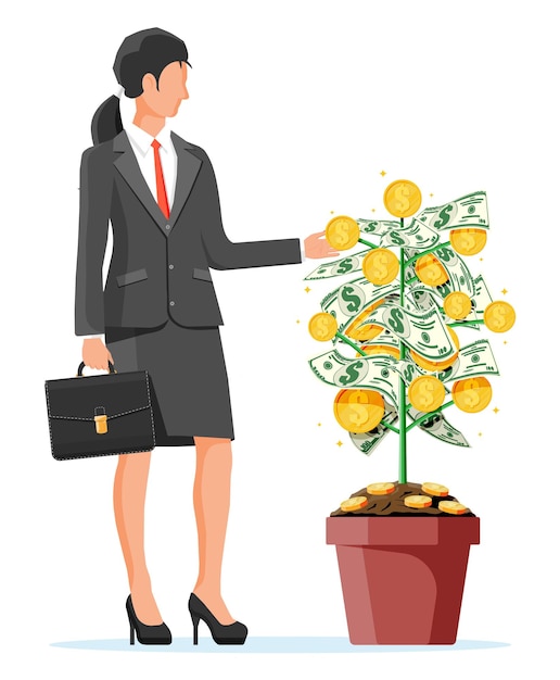 Businesswoman harvests from money coin tree