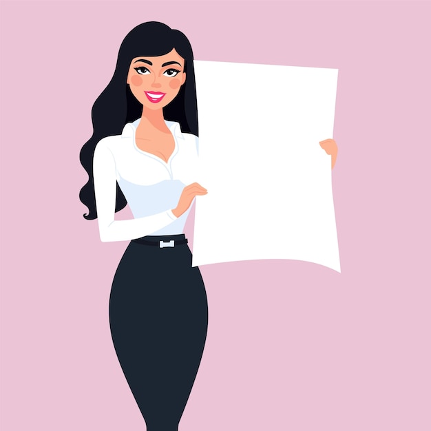 Businesswoman holding blank white paper presentation Confident female black hair white shirt
