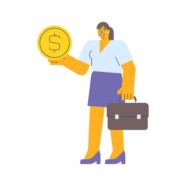 Vector businesswoman holding coin with dollar sign and holding suitcase