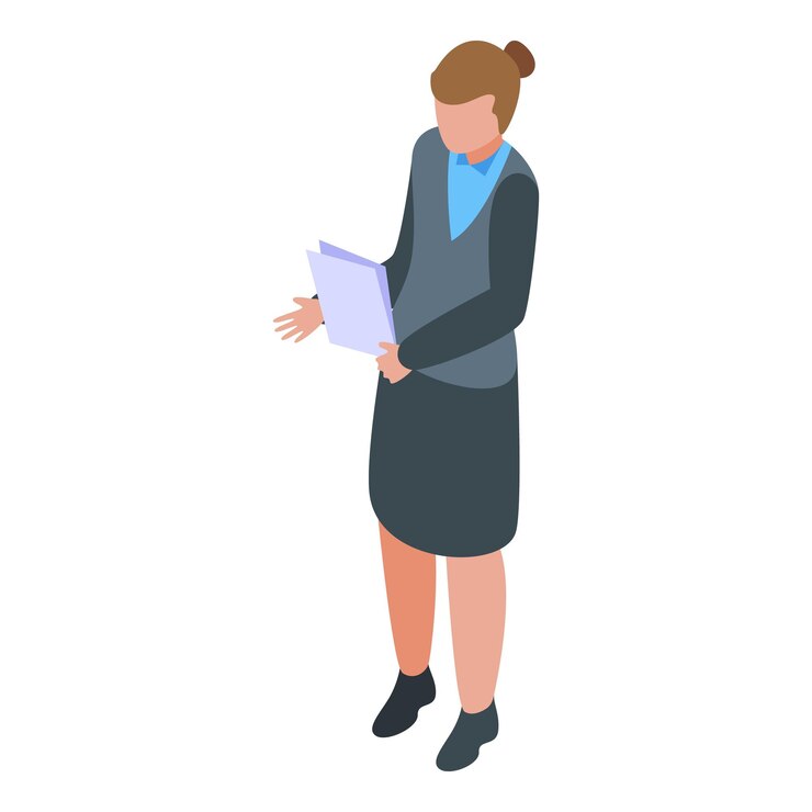 Vector businesswoman holding documents is explaining project