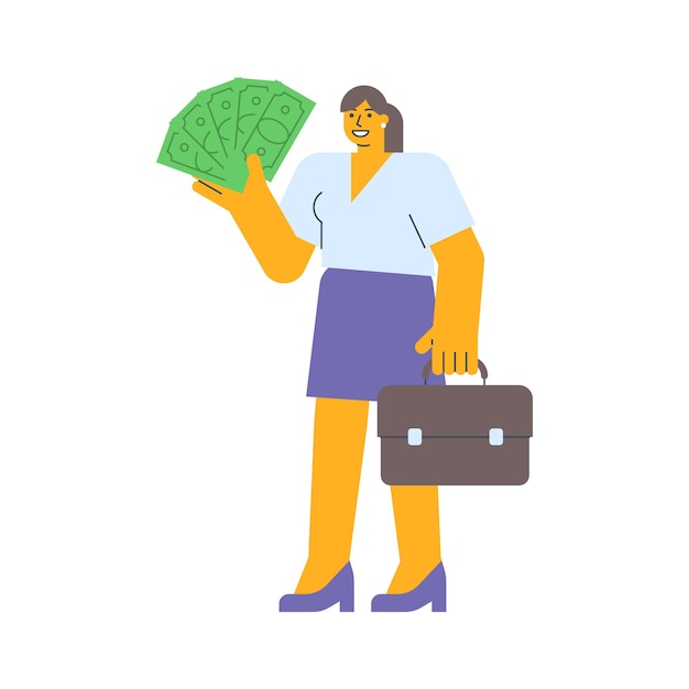 Vector businesswoman holding five bills and holding suitcase