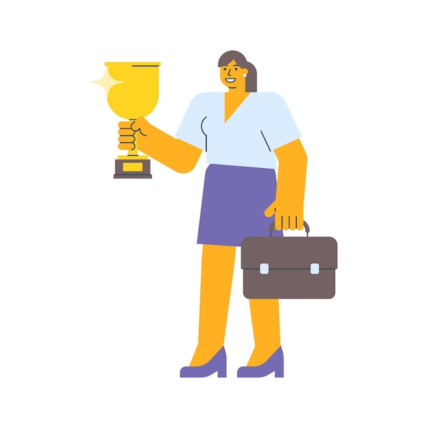 Businesswoman holding golden cup and holding suitcase