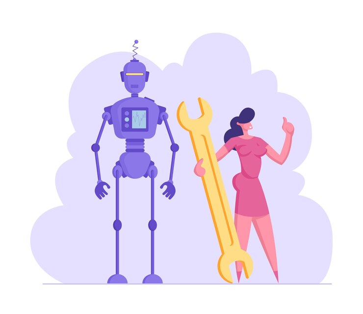 Vector businesswoman holding huge wrench stand near cyborg futuristic technology