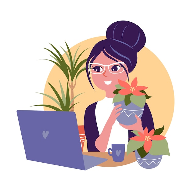 노트북 커피와 함께 식물 냄비를 들고 있는 사업가 갈색 머리 소녀와 포인세티아