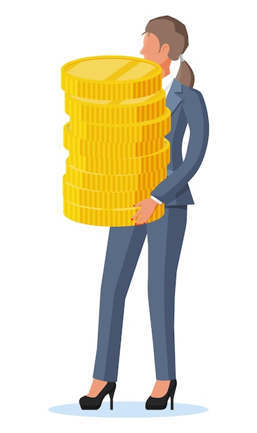 Businesswoman holding stack of big dollar coins