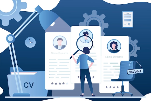 businesswoman hr specialist uses a magnifying glass recruitment agency concept vector