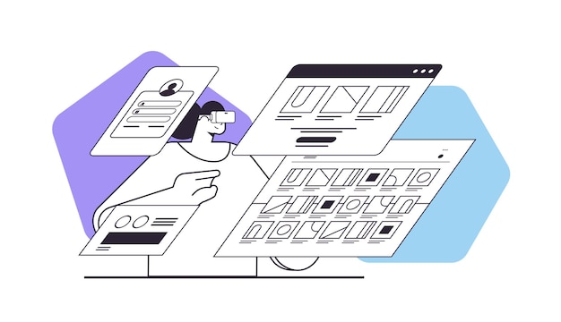 Деловая женщина в цифровых очках анализирует различные геометрические фигуры в окнах веб-браузера vr vision гарнитура инновационная концепция горизонтальная линейная векторная иллюстрация
