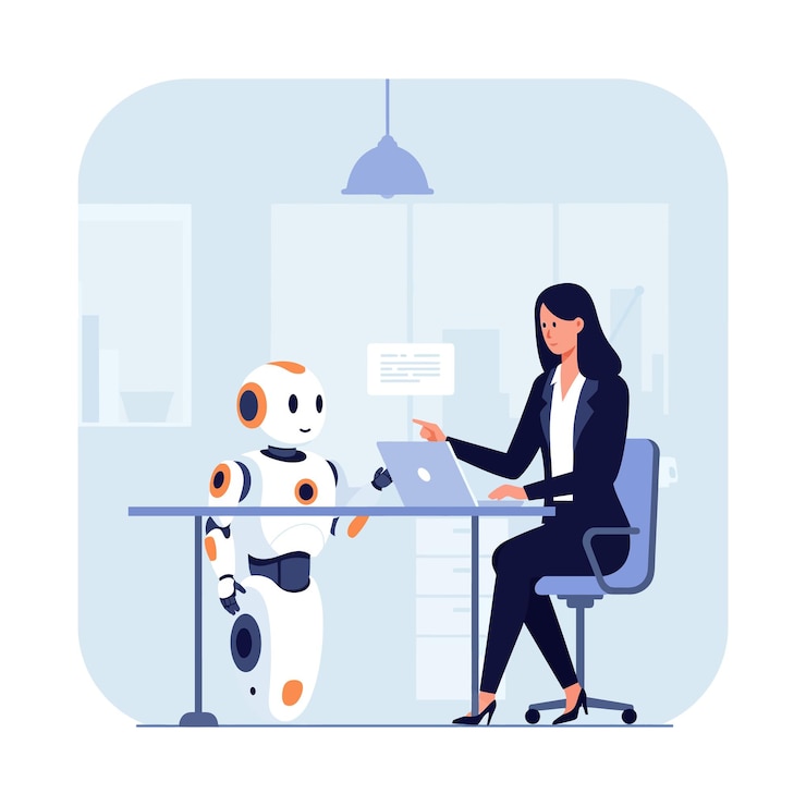 Vector businesswoman interacting with a friendly robot in a minimal flat design vector illustration