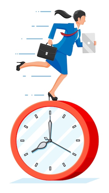 Businesswoman is fast running on big clock