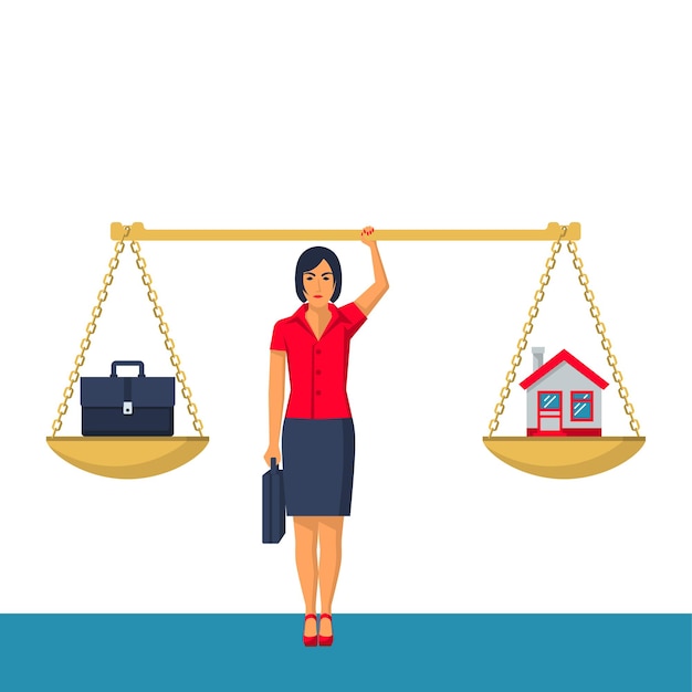 Businesswoman is holding big scale. Choosing job or house. Life and home. Vector illustration flat design. Isolated on background.